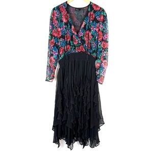 Vintage Diane Fries Multicolor Floral Black Ruffle Georgette Dress